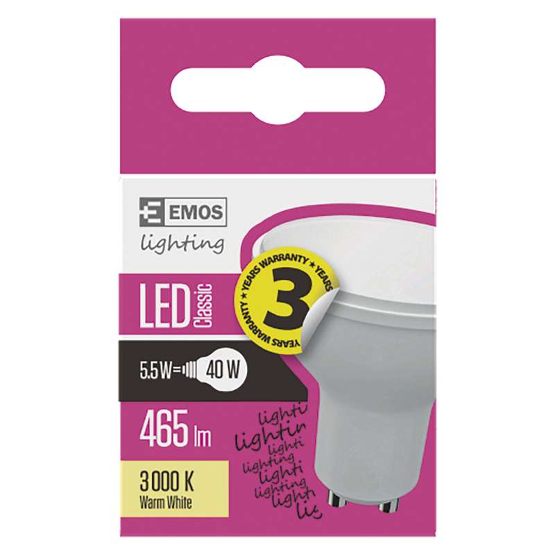 LED spuldze EMOS GU10 5.5W 465lm 3000K, silti balta