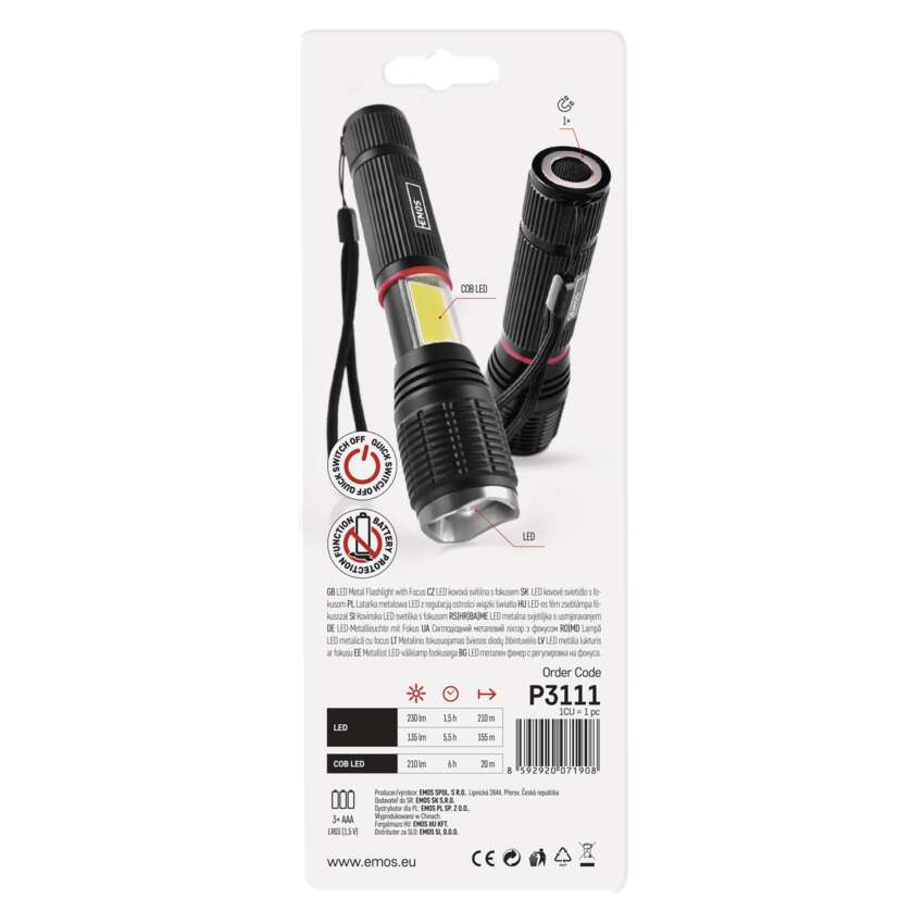 LED lukturis 3W COB+5W LED 230lm ZOOM + magnēts (3xAAA) EMOS