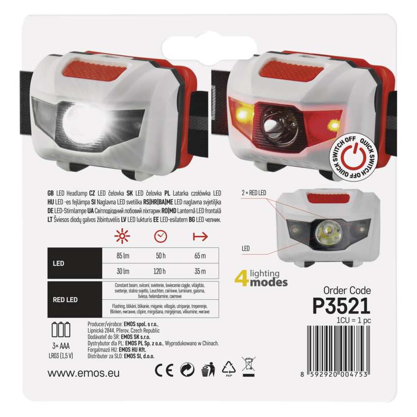 LED lukturis galvas 1W+ 2x sarkanas LED 85lm 65m (3xAAA) EMOS P3521