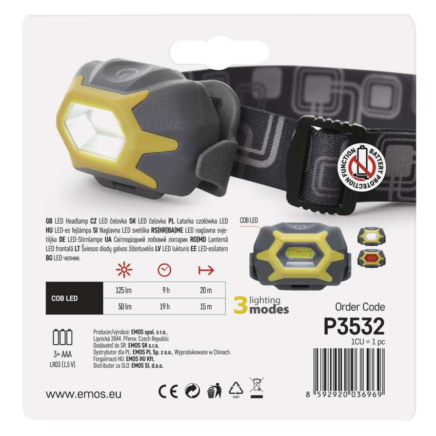 COB LED galvas lukturis P3532, 125 lm, 20 m, 3x AAA