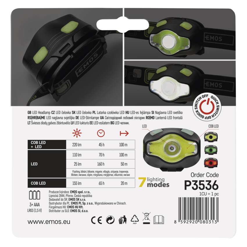 COB LED + LED galvas lukturis EMOS P3536, 220 lm, 100 m, 3x AAA