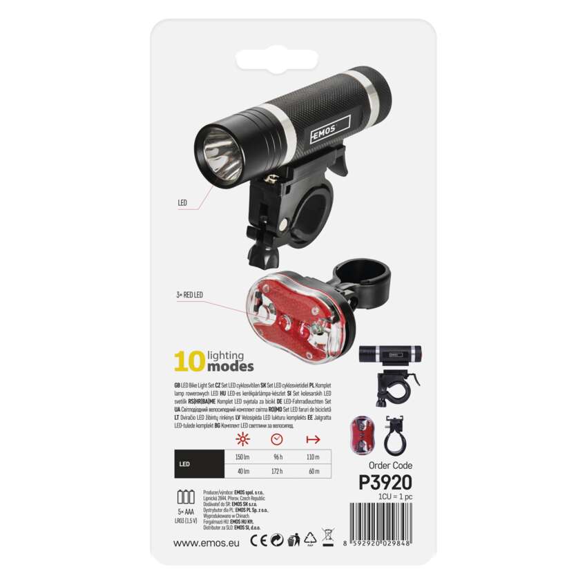 LED velo priekšējais lukturis + aizmugurējais lukturis EMOS P3920, 150 lm, 5x AAA