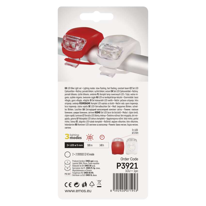 LED velo priekšējais lukturis + aizmugurējais lukturis P3921, 10 lm, 2x CR2032