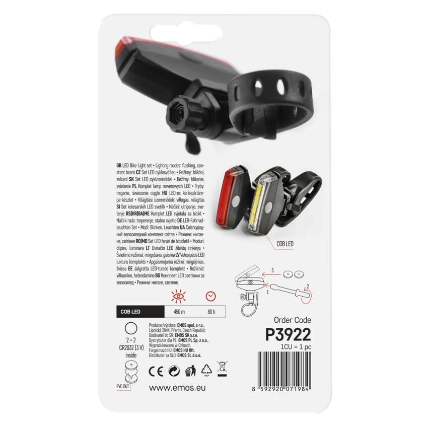 LED velo priekšējais lukturis + aizmugurējais lukturis EMOS P3922, 22 lm, 2x CR2032