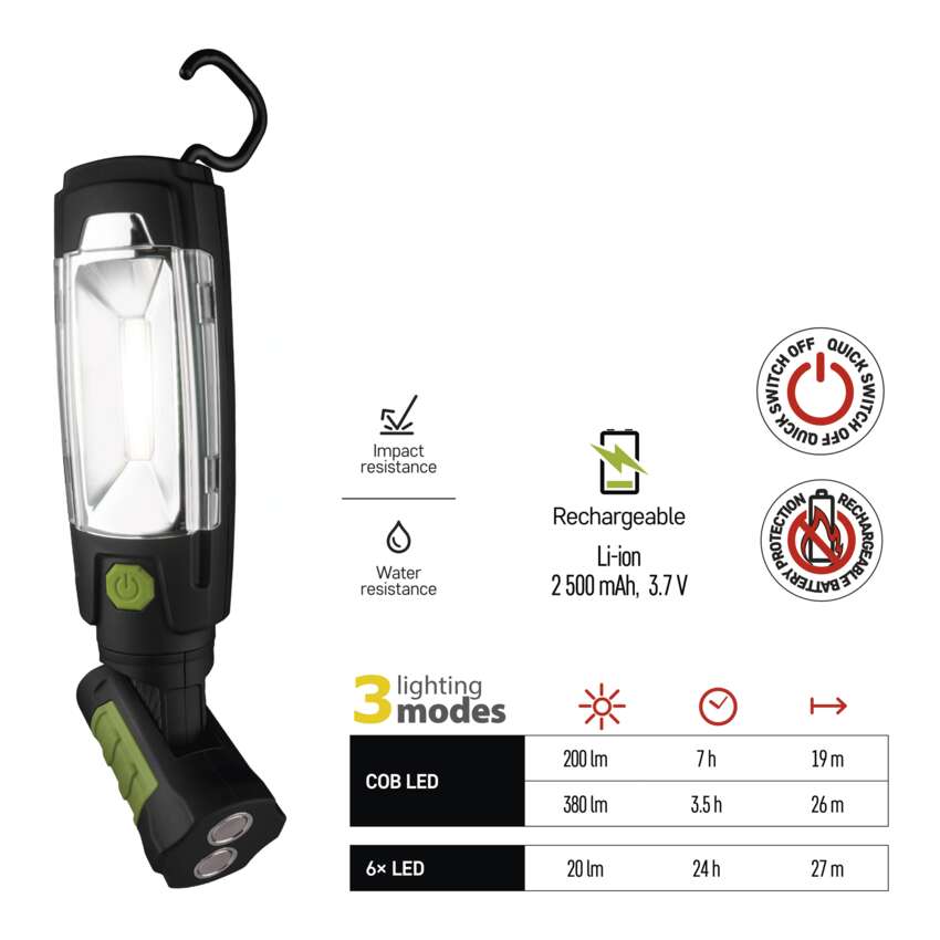COB LED + LED uzlādējama lampa darbam EMOS P4518, 380 lm, 2500 mAh