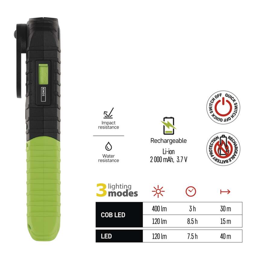 COB LED + LED uzlādējama lampa darbam P4531, 400 lm, 2000 mAh