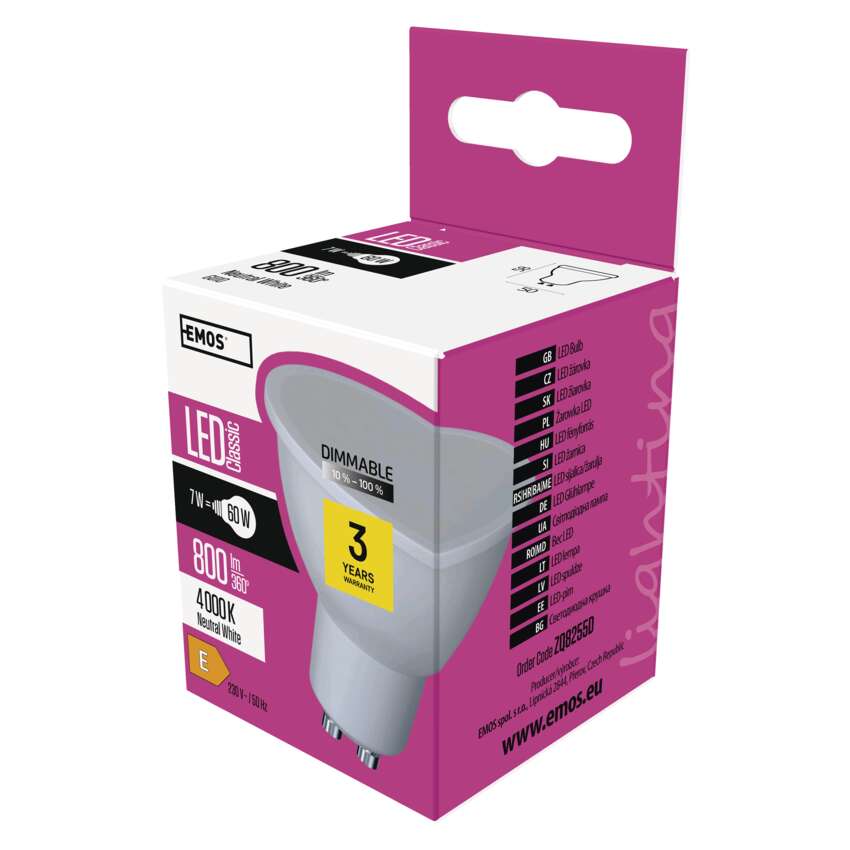 LED spuldze EMOS GU10 7W 800lm 4000K, dimmējama, neitrāli balta