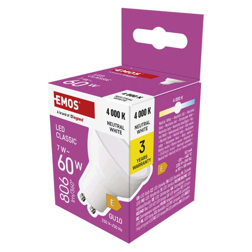 LED spuldze EMOS GU10 7W 806lm 4000K, neitrāli balta