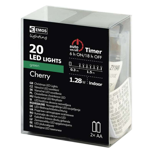 LED virtene EMOS 20LED 0.75W zaļa IP20 1.5m (2xAA)+taimeris ZY1949