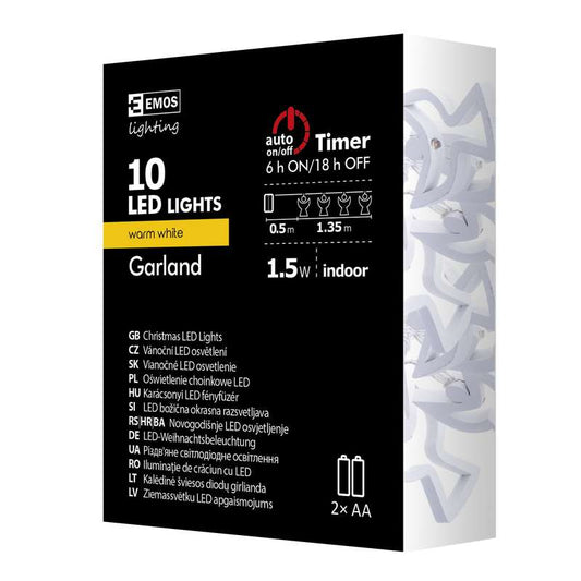 LED virtene EMOS 10LED 0.6W Eņģeļi koka WW IP20 1.35m (2xAA)+taimeris ZY1979