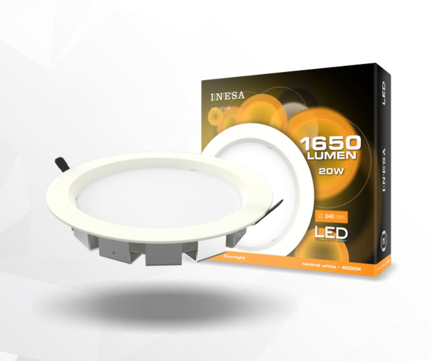 'Iebūvēts apaļš LED gaismeklis 20W 100'' 1600lm 4000K 240mm balts INESA 60498'
