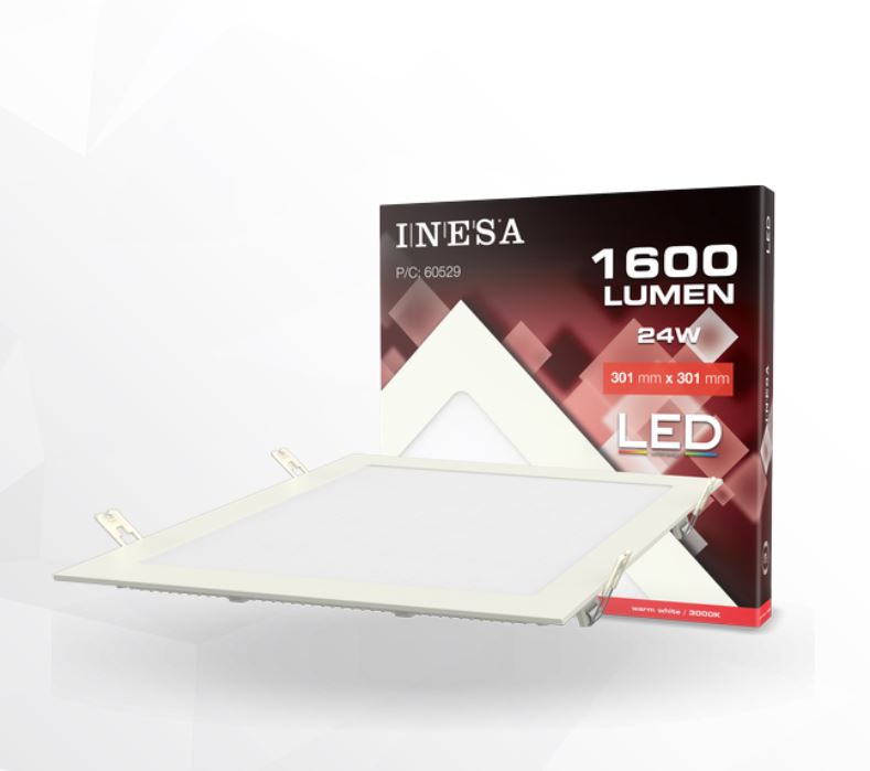'Iebūvēts kvadrāta LED gaismeklis 24W 120'' 1600lm 3000K 301x30mm balts INESA 60529'