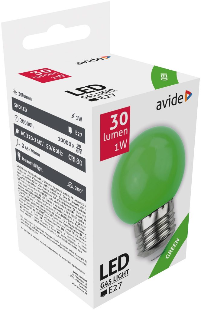 LED Deco Ball E27 G45 1W 30lm 220V-240V spuldze zaļa AVIDE ABDLG45-1W-G