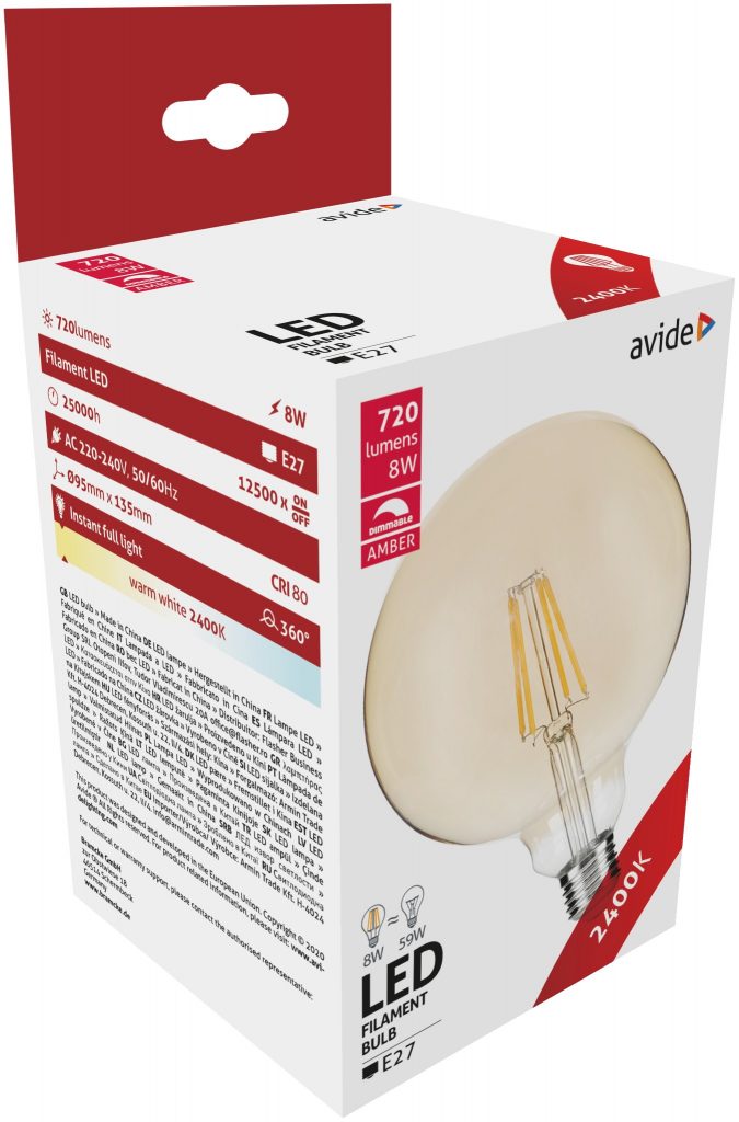 LED VINTAGE G95 E27 8W 230V 720lm 2400K dim. Fil. spuldze AVIDE ABLFG95WW-8W-DAC