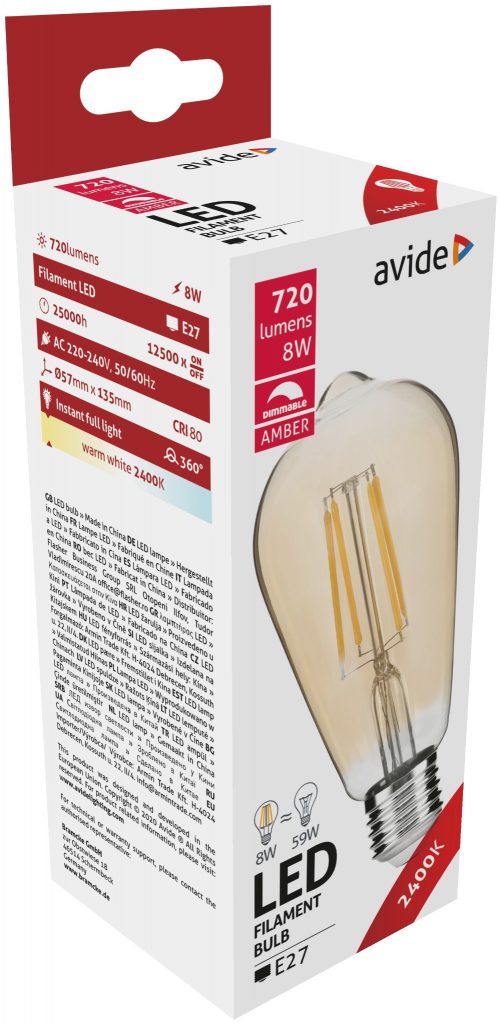 LED VINTAGE ST57 E27 8W 230V 720lm 2400K dim. Fil. spuldze AVIDE ABLFST57WW-8W-DAC
