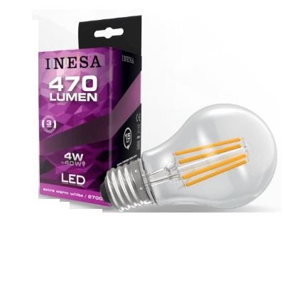 'LED spuldze Inesa GLS filamenta E27 4W 240V 470lm 2700K 300'' 60615'