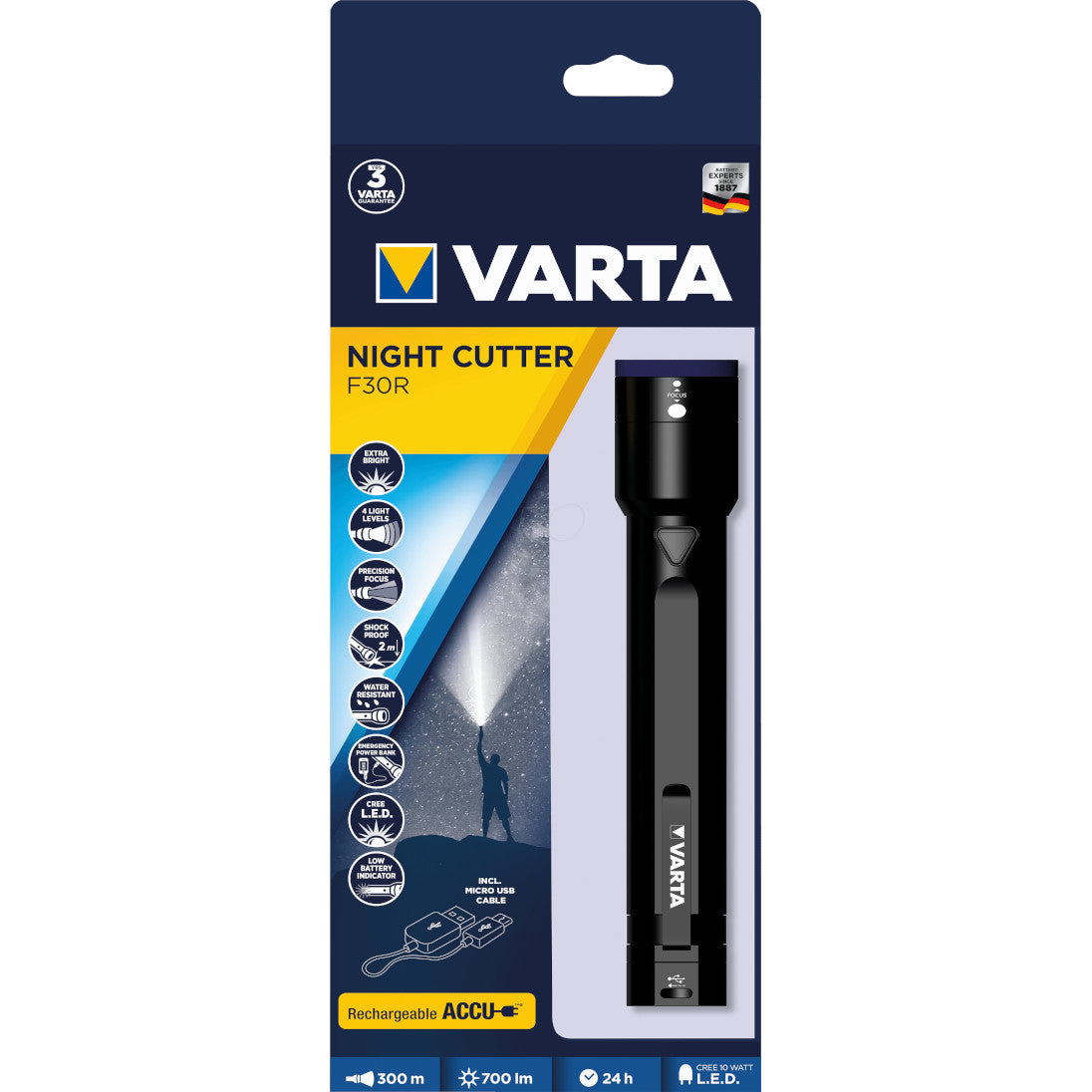LED lukturis VARTA NIGHT CUTTER F30R 700lm, uzlādējams