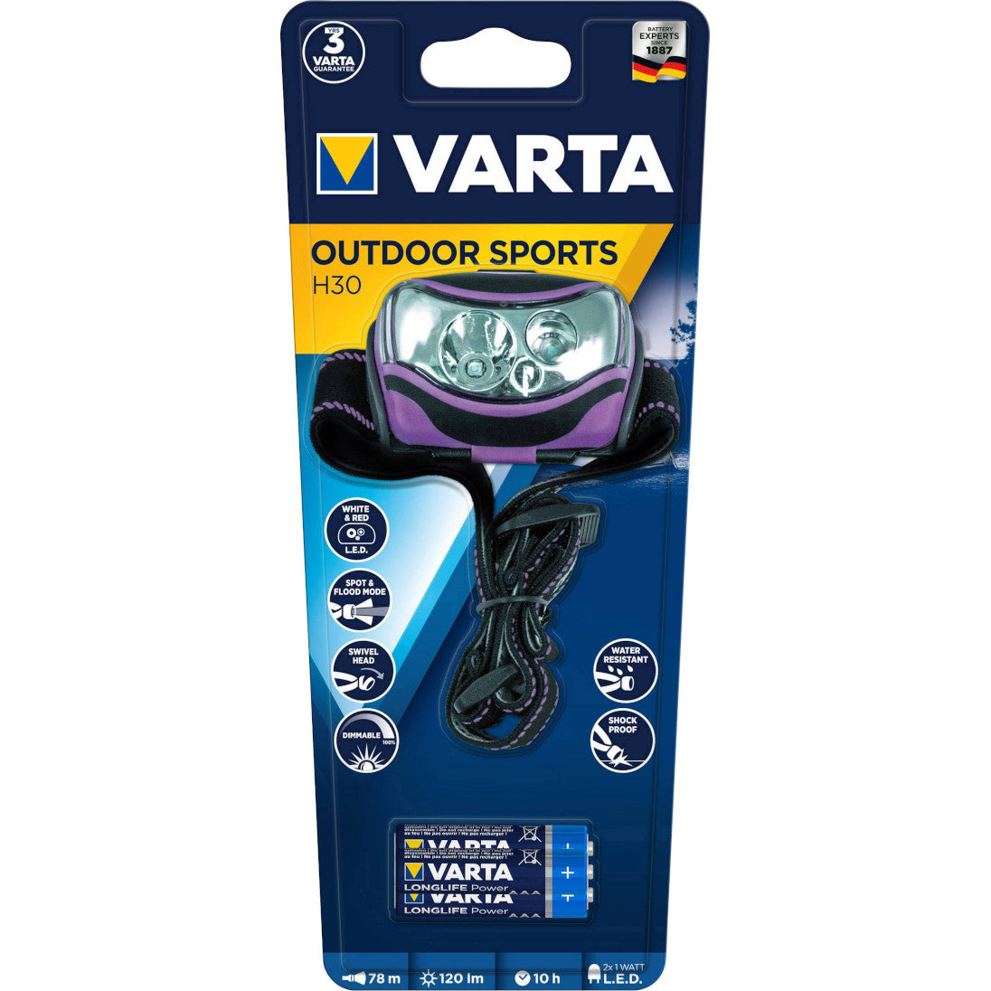 LED galvas lukturis VARTA OUTDOOR SPORTS H30, 120lm